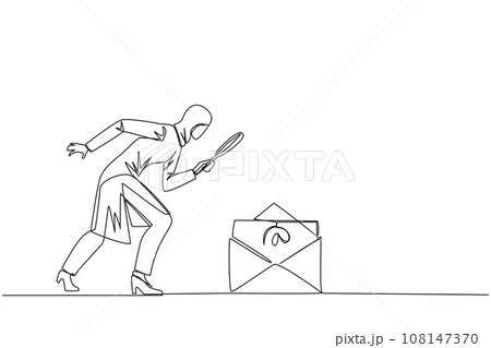 Single continuous line drawing of Arabian businesswoman holds magnifying glass look at email icon. Receive important emails related to the progress of her business. One line design vector illustration 108147370