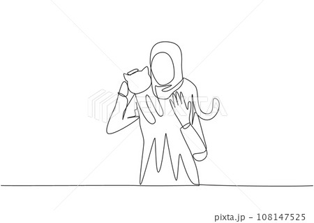 Continuous one line drawing of young Arabian woman carrying cat on her shoulders. Hug and care for his beloved pet carefully. Petting a cat is a sign of affection. Single line draw vector illustration Continuous one line drawing of young Arabian woman carrying cat on her shoulders. Hug and care for his beloved pet carefully. Petting a cat is a sign of affection. Single line draw vector illustration 108147525