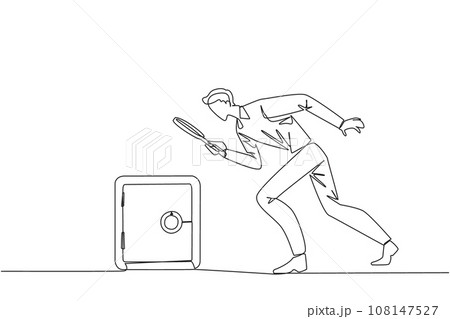 Single continuous line drawing businessman holding magnifying glass highlighting safe deposit box. Finding for the best place of protection to save important data. One line design vector illustration Single continuous line drawing businessman holding magnifying glass highlighting safe deposit box. Finding for the best place of protection to save important data. One line design vector illustration 108147527