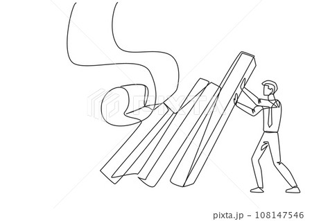 Single one line drawing of businessman holds back pile of walls resembling collapsed bills. Withstand onslaught of bills that accumulate by holding back unnecessary business expenses. Continuous line 108147546