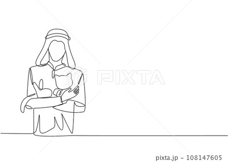 Single one line drawing of young energetic Arabian man holding a cuddle funny cat in front of his chest. The younger generation of animal lovers. Happy man petting cat. Continuous line design graphic Single one line drawing of young energetic Arabian man holding a cuddle funny cat in front of his chest. The younger generation of animal lovers. Happy man petting cat. Continuous line design graphic 108147605