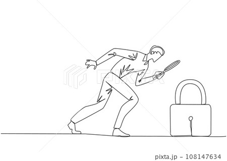Single one line drawing of businessman holds magnifying glass highlights padlock. Looking ways to protect stock values to keep high and safe from hackers. Continuous line design graphic illustration 108147634