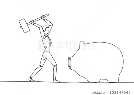 Continuous one line drawing of businessman hits big piggy bank with big hammer. Responsible for paying off all bills by taking savings. Struggle for business. Single line design vector illustration Continuous one line drawing of businessman hits big piggy bank with big hammer. Responsible for paying off all bills by taking savings. Struggle for business. Single line design vector illustration 108147643