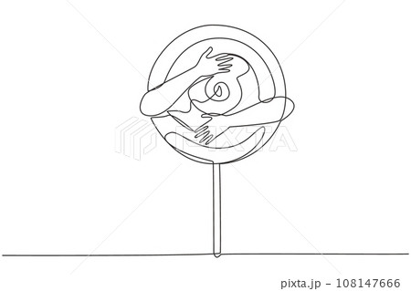 Continuous one line drawing human hands hugging lollipop. One of popular snacks that have sweet taste with colorful colors. Has a distinctive shape because has a stalk. Single line draw design vector Continuous one line drawing human hands hugging lollipop. One of popular snacks that have sweet taste with colorful colors. Has a distinctive shape because has a stalk. Single line draw design vector 108147666