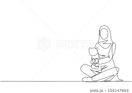 Single one line drawing of young Arabian woman sitting cross-legged hugging a little cat. She loves the cat because it has been taken care of since the cat was born. Continuous line design graphic Single one line drawing of young Arabian woman sitting cross-legged hugging a little cat. She loves the cat because it has been taken care of since the cat was born. Continuous line design graphic 108147668