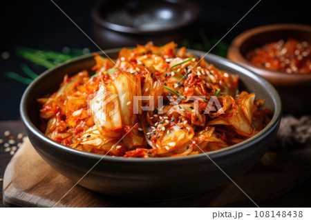 Kimchi cabbage in a bowl for eating on wooden background, Korean food 108148438
