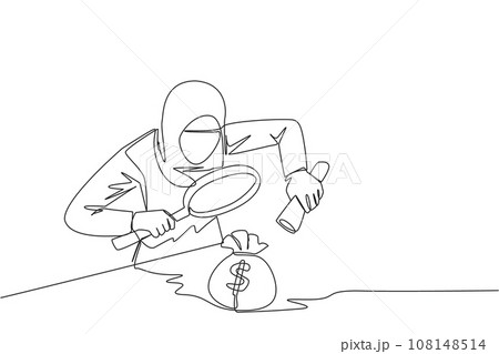 Single continuous line drawing of Arabian businesswoman holds a magnifier and flashlight, then checks the money bag. Investigate money bag ownership. Style like detective. One line vector illustration 108148514