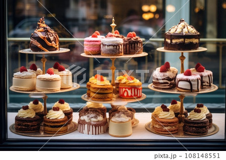 Assorted cakes in a shop window for sale 108148551