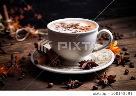 Spiced tea with milk on the rustic wooden table. 108148591