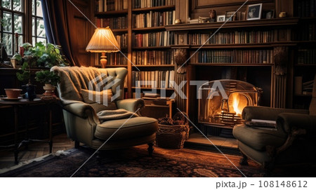 A cozy library with a fireplace and shelves of old books. A sense of nostalgia and intellectual calm. 108148612