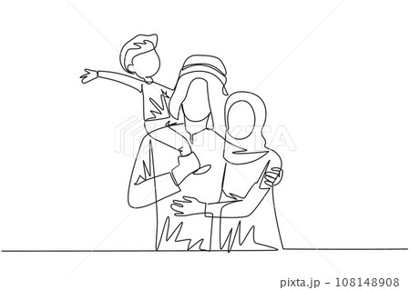 Single one line drawing of young Arabian woman hug her handsome husband who is holding their little cute son. Smiling couple with child. Happy family concept. Continuous line design illustration 108148908