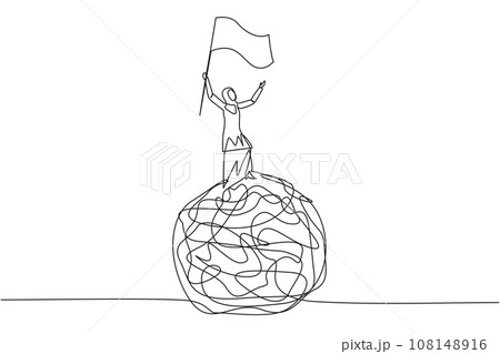 Single continuous line drawing of Arabian businesswoman standing on giant tangled circle. Raising flag on her hand. Businesswoman who manage to get out of anxiety of mind. One line design vector Single continuous line drawing of Arabian businesswoman standing on giant tangled circle. Raising flag on her hand. Businesswoman who manage to get out of anxiety of mind. One line design vector 108148916