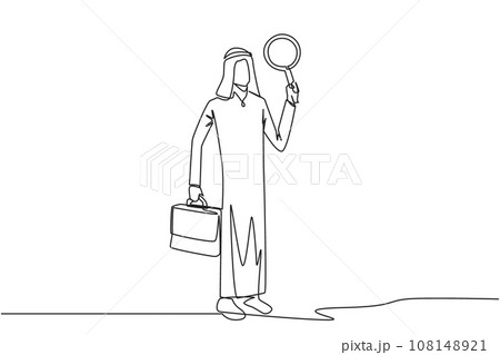 Continuous one line drawing Arabian businessman holds the magnifier in his left hand while in right hand holds a briefcase. Businessman who offer cooperation proposals. Single line draw design vector 108148921