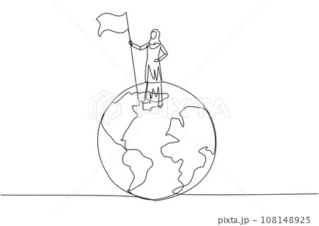 Single one line drawing of successful Arabian businesswoman standing on giant globe holding flag. Businesswoman celebrating victory. Metaphor of conquering the world. Continuous line design graphic Single one line drawing of successful Arabian businesswoman standing on giant globe holding flag. Businesswoman celebrating victory. Metaphor of conquering the world. Continuous line design graphic 108148925