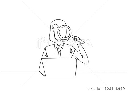 Single continuous line drawing of businesswoman is typing in front of a laptop computer holding a magnifier. Modern business at this time can be done anytime and anywhere. One line vector illustration 108148940