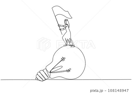 Continuous one line drawing of young Arabian businessman standing on giant lightbulb raising flag in the hand. Celebrating a great idea for the next step of business. Single line draw design vector 108148947