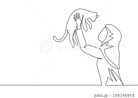 Continuous one line drawing of young beauty Arabian woman holding her cute cat. Woman pet owner plays with little cat. Happy woman holding cute kitty. Caring animals. Single line draw design vector Continuous one line drawing of young beauty Arabian woman holding her cute cat. Woman pet owner plays with little cat. Happy woman holding cute kitty. Caring animals. Single line draw design vector 108148958