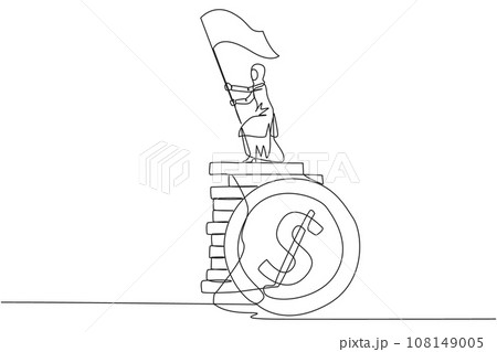 Single one line drawing of Arabian businesswoman standing on stack of coins raising flag. Successful remote freelance work. Get a lot of money. Concept of smart business. Award. Continuous line design 108149005