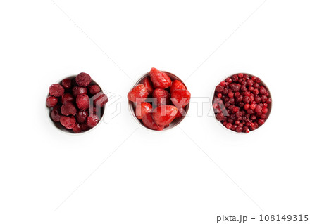 Frozen berries close up photo. Cherry, strawberry, cranberry. Flat lay Frozen berries close up photo. Cherry, strawberry, cranberry. Flat lay 108149315