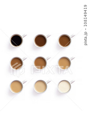 Square of coffee cups. Concept photo of a coffee lover from black to with milk Coffee banner Square of coffee cups. Concept photo of a coffee lover from black to with milk Coffee banner 108149419