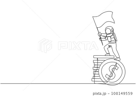 Single one line drawing young astronaut standing on giant stack of dollar sign coins holding fluttering flag. Collecting coins for the space galactic expedition. Continuous line graphic illustration Single one line drawing young astronaut standing on giant stack of dollar sign coins holding fluttering flag. Collecting coins for the space galactic expedition. Continuous line graphic illustration 108149559