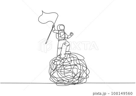 Continuous one line drawing young energetic astronaut standing on giant tangled circle holding fluttering flag. Tangles in space. Trouble outer space. Hectic. Single line design vector illustration 108149560