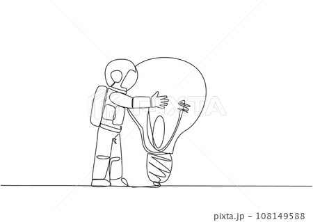 Single one line drawing young energetic astronaut hugging big lightbulb. Metaphors cherish brilliant ideas. Genius astronaut. Cosmic galaxy deep space. Continuous line design graphic illustration 108149588