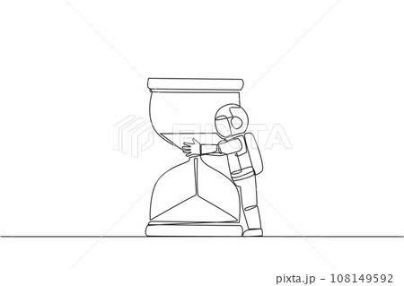 Single continuous line drawing young astronaut hugging giant hourglass. The concept of waiting for the time to return to earth. The expedition finished smoothly. One line design vector illustration 108149592