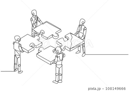 Single one line drawing four robotics artificial intelligence standing with each holding a puzzle pieces. Teamwork to put together the puzzle. Future tech. Continuous line design graphic illustration Single one line drawing four robotics artificial intelligence standing with each holding a puzzle pieces. Teamwork to put together the puzzle. Future tech. Continuous line design graphic illustration 108149666