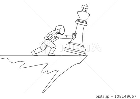 Single one line drawing astronaut pushes giant chess piece of king over the edge of a cliff. Lost leader during an expedition on the lunar surface. Cosmic. Continuous line design graphic illustration Single one line drawing astronaut pushes giant chess piece of king over the edge of a cliff. Lost leader during an expedition on the lunar surface. Cosmic. Continuous line design graphic illustration 108149667