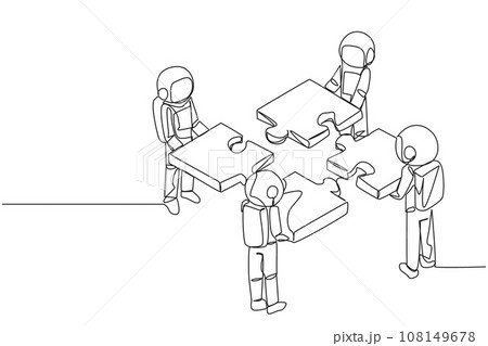 Single continuous line drawing four young energetic astronaut standing with each holding puzzle pieces. Teamwork to put together the puzzle into one shape. Cosmic. One line design vector illustration Single continuous line drawing four young energetic astronaut standing with each holding puzzle pieces. Teamwork to put together the puzzle into one shape. Cosmic. One line design vector illustration 108149678