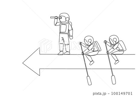 Single continuous line drawing 3 astronauts ride arrows. Teamwork with two of them rowing, the rest standing up using binoculars. Cosmic galaxy outer space concept. One line design vector illustration 108149701