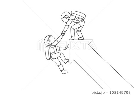 Single one line drawing astronaut pulled the arm of another astronaut that almost fell from the big arrow. Team work to help colleagues. Galaxy deep space. Continuous line design graphic illustration Single one line drawing astronaut pulled the arm of another astronaut that almost fell from the big arrow. Team work to help colleagues. Galaxy deep space. Continuous line design graphic illustration 108149702