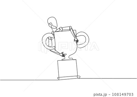 Single one line drawing robotic hugging trophy. The winner of soft engineering is an intelligent robot. Technology artificial intelligence. Future tech. Continuous line design graphic illustration Single one line drawing robotic hugging trophy. The winner of soft engineering is an intelligent robot. Technology artificial intelligence. Future tech. Continuous line design graphic illustration 108149703