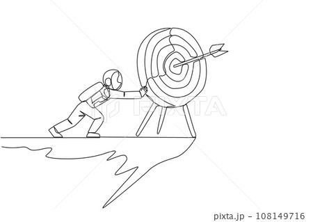 Continuous one line drawing astronaut pushes giant arrow board target over the edge of a cliff. Disturbance during the expedition. Not focus. Aero spaceman. Single line draw design vector illustration Continuous one line drawing astronaut pushes giant arrow board target over the edge of a cliff. Disturbance during the expedition. Not focus. Aero spaceman. Single line draw design vector illustration 108149716