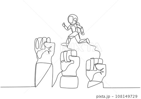 Single one line drawing astronaut running leaping over three large clenched fists. Teamwork managed to get through the bigger challenges. Cosmonaut. Cosmic. Continuous line design graphic illustration 108149729