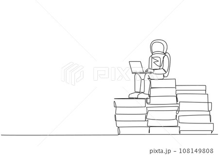 Single one line drawing young energetic astronaut sitting on pile of giant papers typing laptop. Write daily notes during the expedition. Galaxy space. Continuous line design graphic illustration 108149808