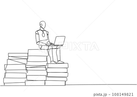 Single one line drawing robotic artificial intelligence sitting on pile of giant documents typing laptop. Robot scanning old documents to save in soft copy format. Continuous line graphic illustration Single one line drawing robotic artificial intelligence sitting on pile of giant documents typing laptop. Robot scanning old documents to save in soft copy format. Continuous line graphic illustration 108149821