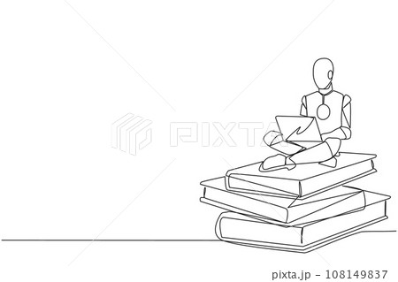 Single one line drawing robotic artificial intelligence sitting on stack of giant books typing laptop. Summarize scientific studies. Future technology. Continuous line design graphic illustration Single one line drawing robotic artificial intelligence sitting on stack of giant books typing laptop. Summarize scientific studies. Future technology. Continuous line design graphic illustration 108149837