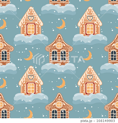 Christmas seamless pattern of gingerbread houses with snow and moon. Festive background in flat cartoon style. Vector 108149903