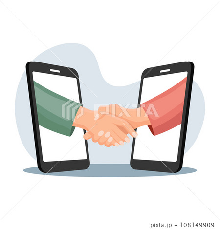 Business people shaking hands on smartphones. Business concept. Banner template. Vector. Business people shaking hands on smartphones. Business concept. Banner template. Vector. 108149909