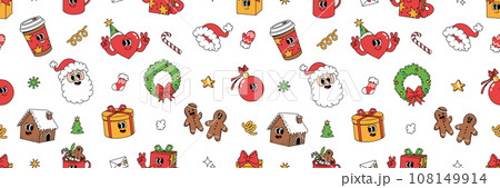Merry Christmas groovy funny cartoon seamless pattern. Santa Claus, Christmas tree, coffee and ball in trendy funky retro cartoon style. Greeting background, wrapping paper, textile, wallpaper. Merry Christmas groovy funny cartoon seamless pattern. Santa Claus, Christmas tree, coffee and ball in trendy funky retro cartoon style. Greeting background, wrapping paper, textile, wallpaper. 108149914