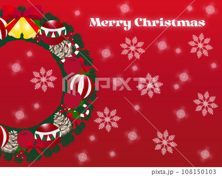 赤いオーナメントのクリスマスリースと雪の結晶、文字の背景 赤いオーナメントのクリスマスリースと雪の結晶、文字の背景 108150103
