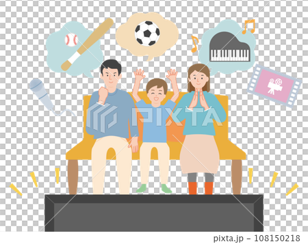 A young couple and their children enjoy various programs such as sports, music, and movies on a large-screen TV. 108150218