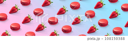 Ripe strawberries and macarons pattern. Food pattern. Wide banner. Panoramic. Gradiet background 108150388