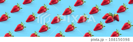 Ripe strawberries pattern. Food pattern. Wide banner. Panoramic. Blue background 108150398