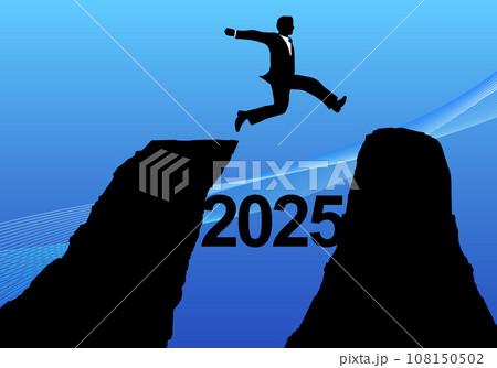 2025年の崖を飛び越えるビジネスマン 108150502