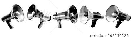 Halftone collage dotted cutouts of megaphones. Pop art dots loudspeaker, sale icon. Vector illustration, grunge y2k punk crazy art loud speak horns conceptual elements for poster, banner 108150522