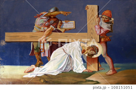 7th Stations of the Cross, Jesus falls the second time, Church of St. Aloysius in in Travnik, Bosnia and Herzegovina 108151051