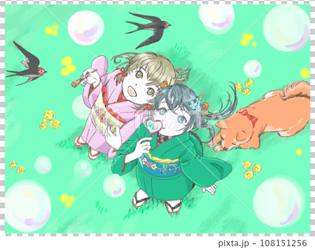 燕子、日式服裝的女孩和肥皂泡 108151256